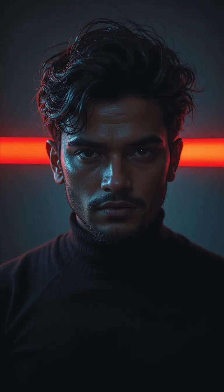 Intense Indian portrait lit by a sharp red horizontal beam