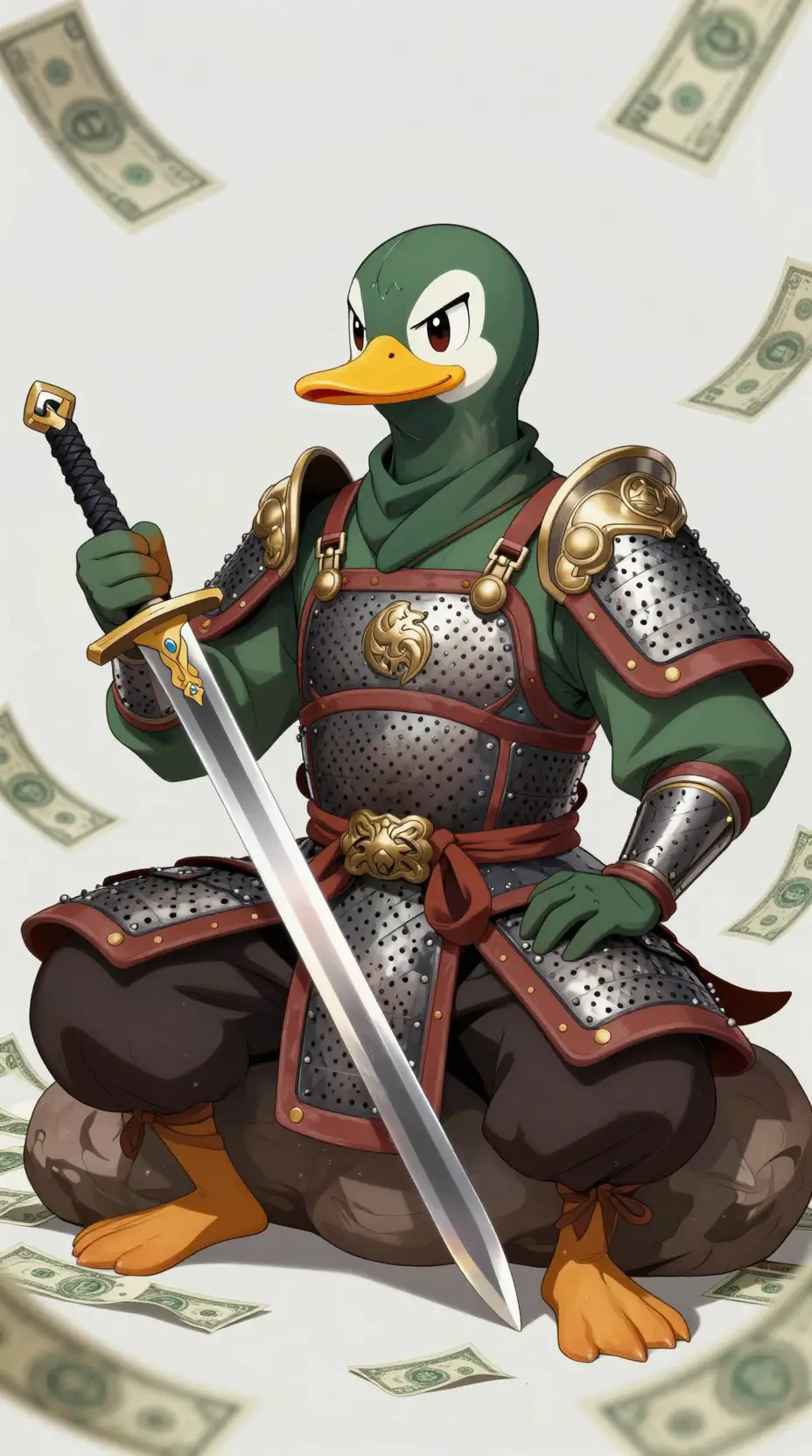 Anthropomorphic anime duck ninja warrior in a silent monastery