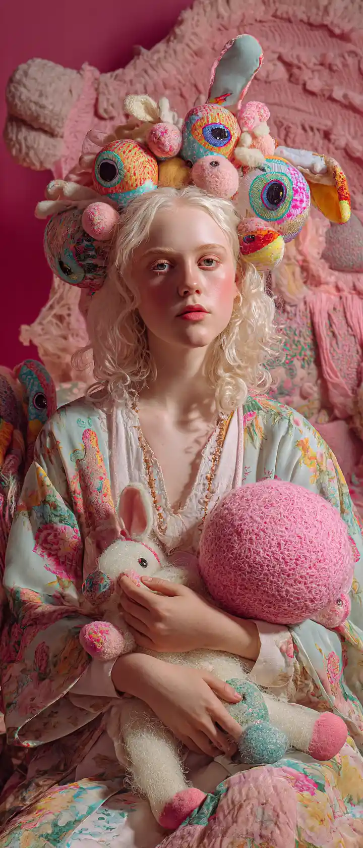 Garota lúdica em robe floral com adorno de brinquedos surreal