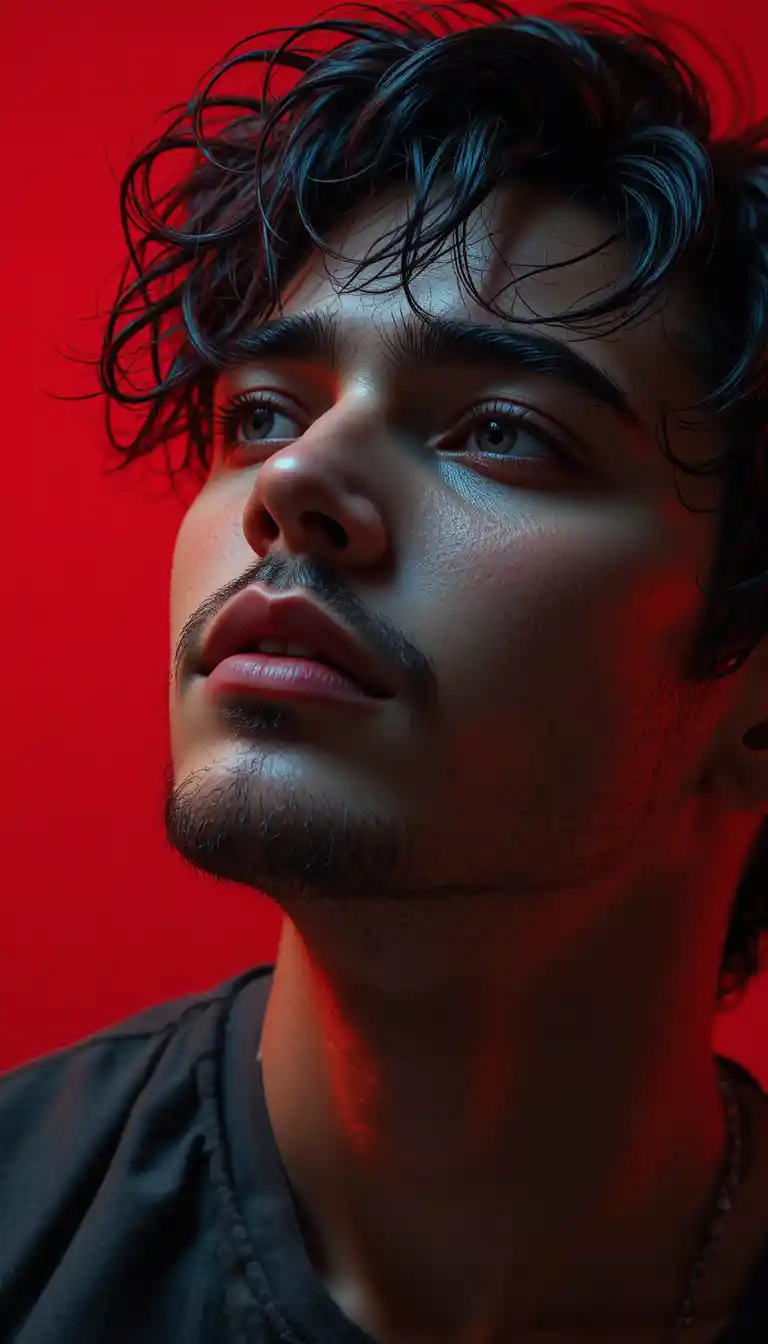 Low angle editorial portrait of a young man in red