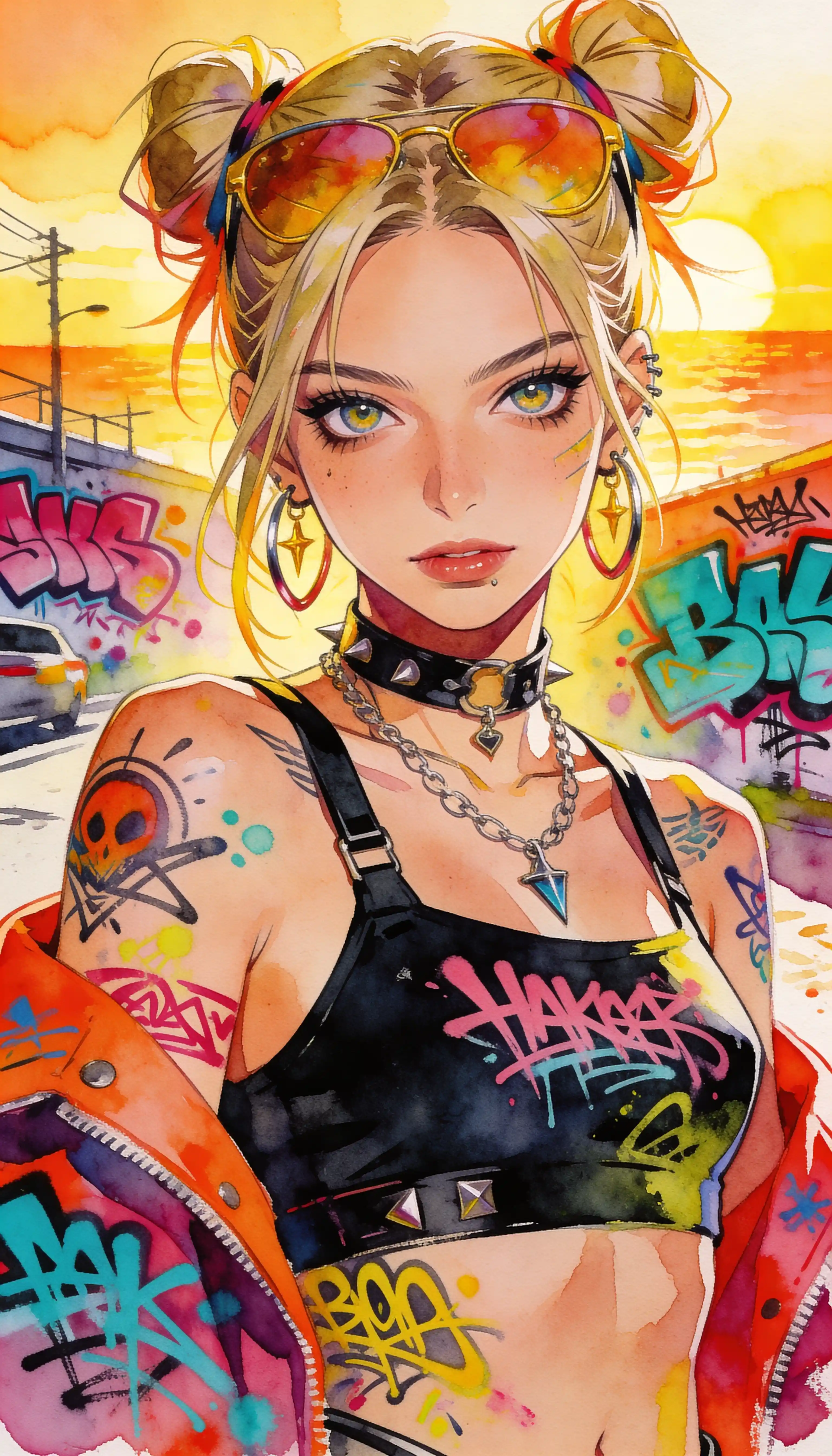 Dreamlike anime woman in vibrant summerpunk street art