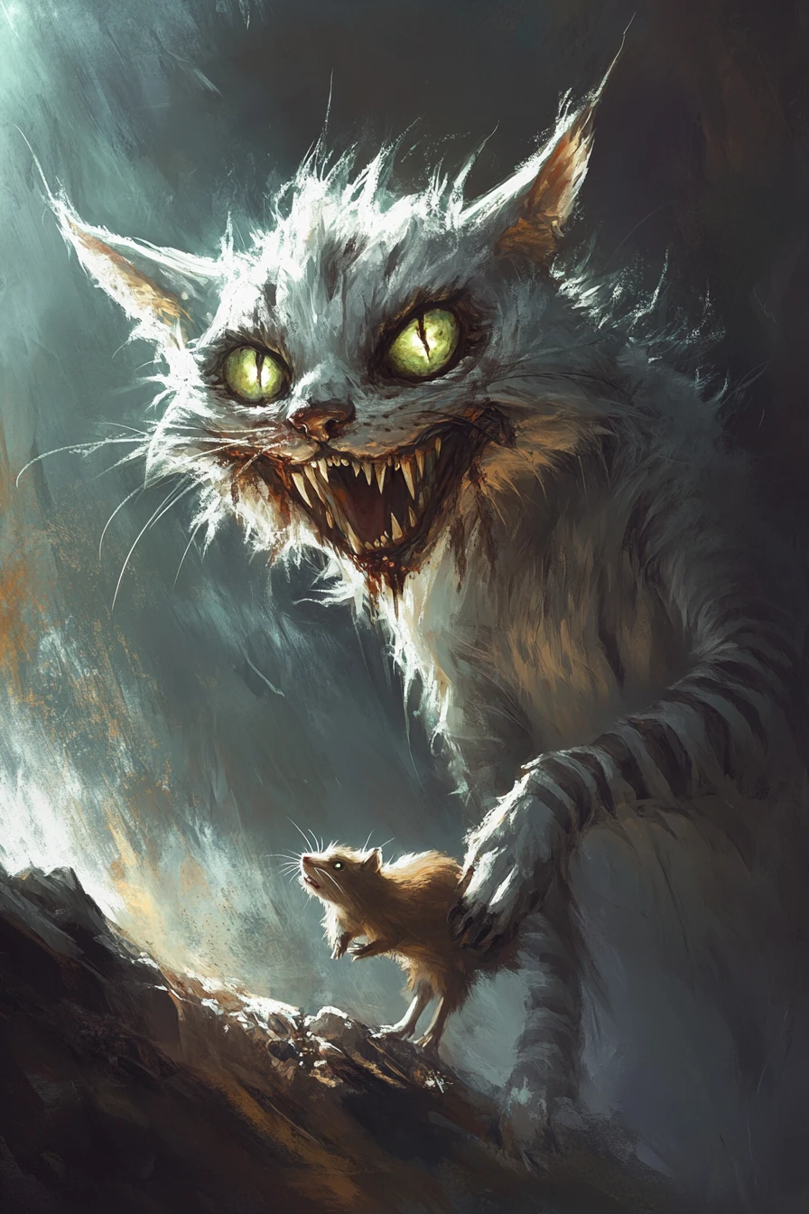 Sinister fantasy cat with glowing green eyes in darkness