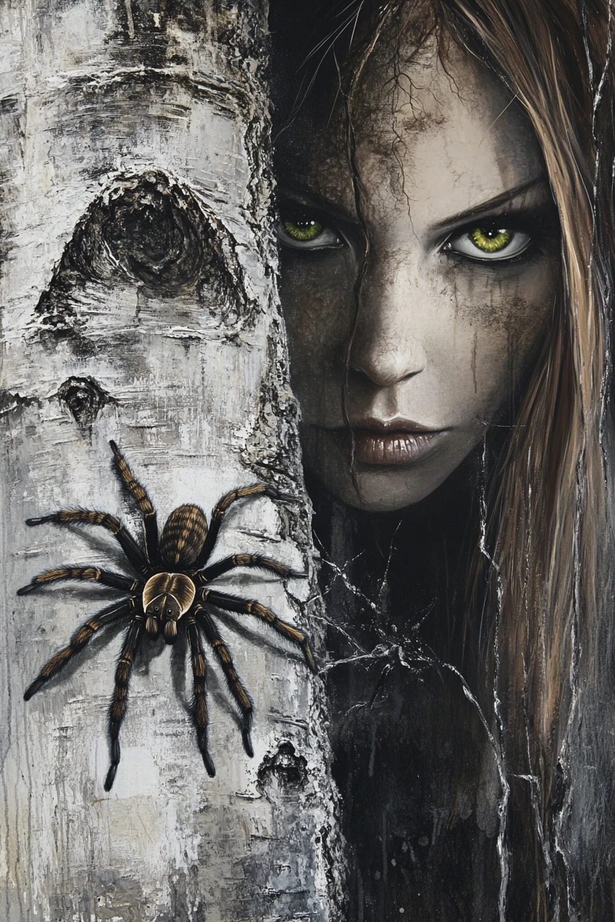 Woman glaring from behind birch tree with giant tarantula