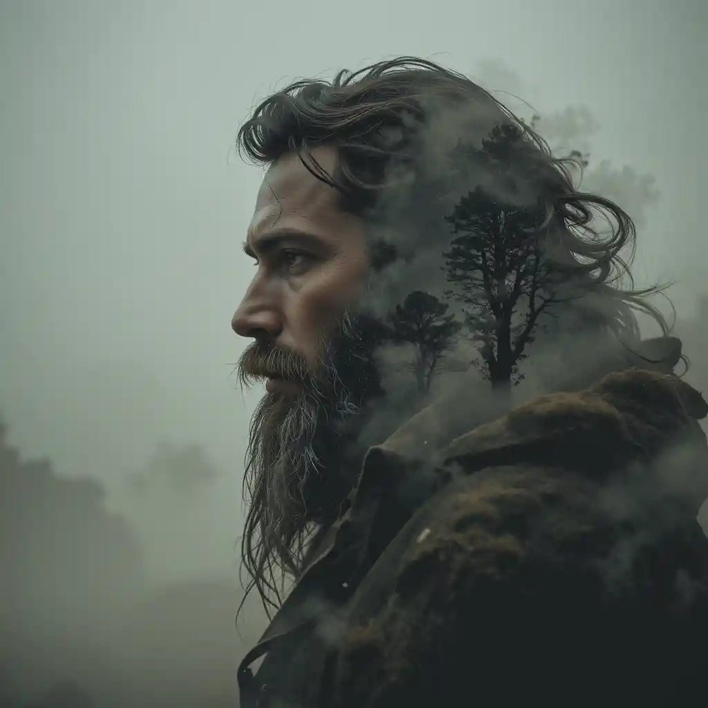 Double exposure profile of a bearded man with windswept trees