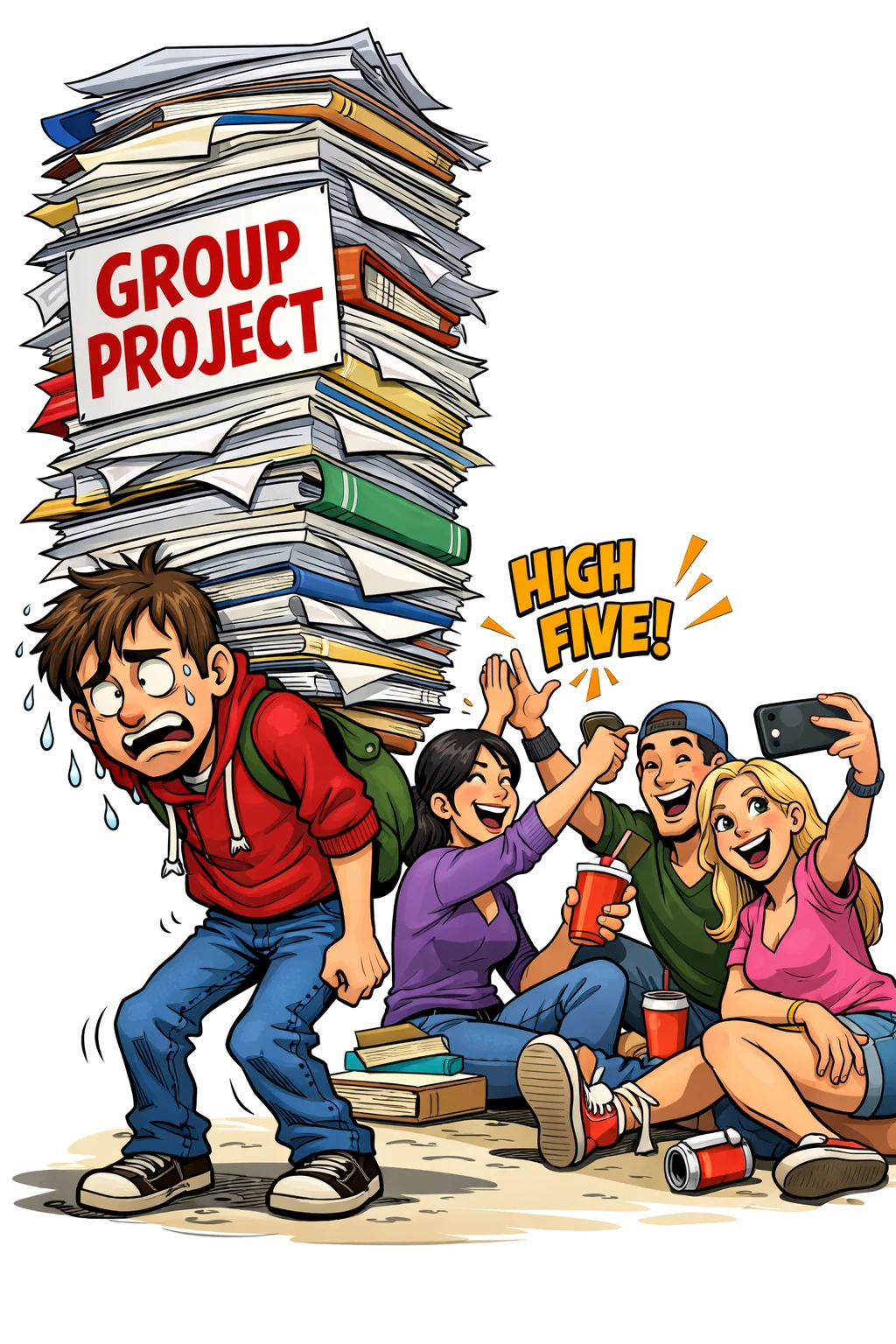 Overworked student hauling group project beside carefree teammates