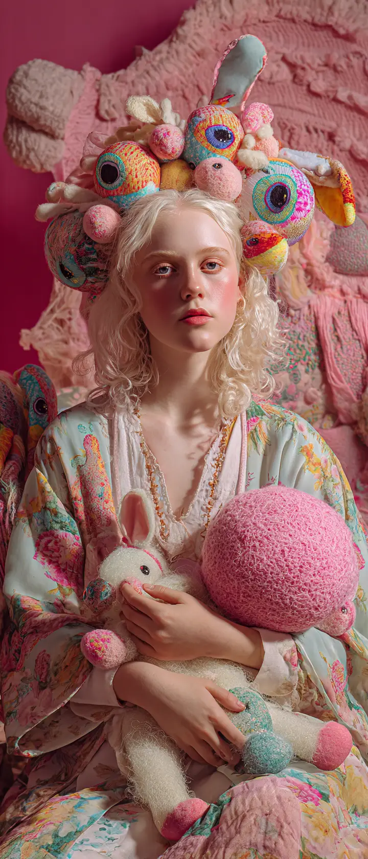 Garota lúdica em robe floral com adorno de brinquedos surreal