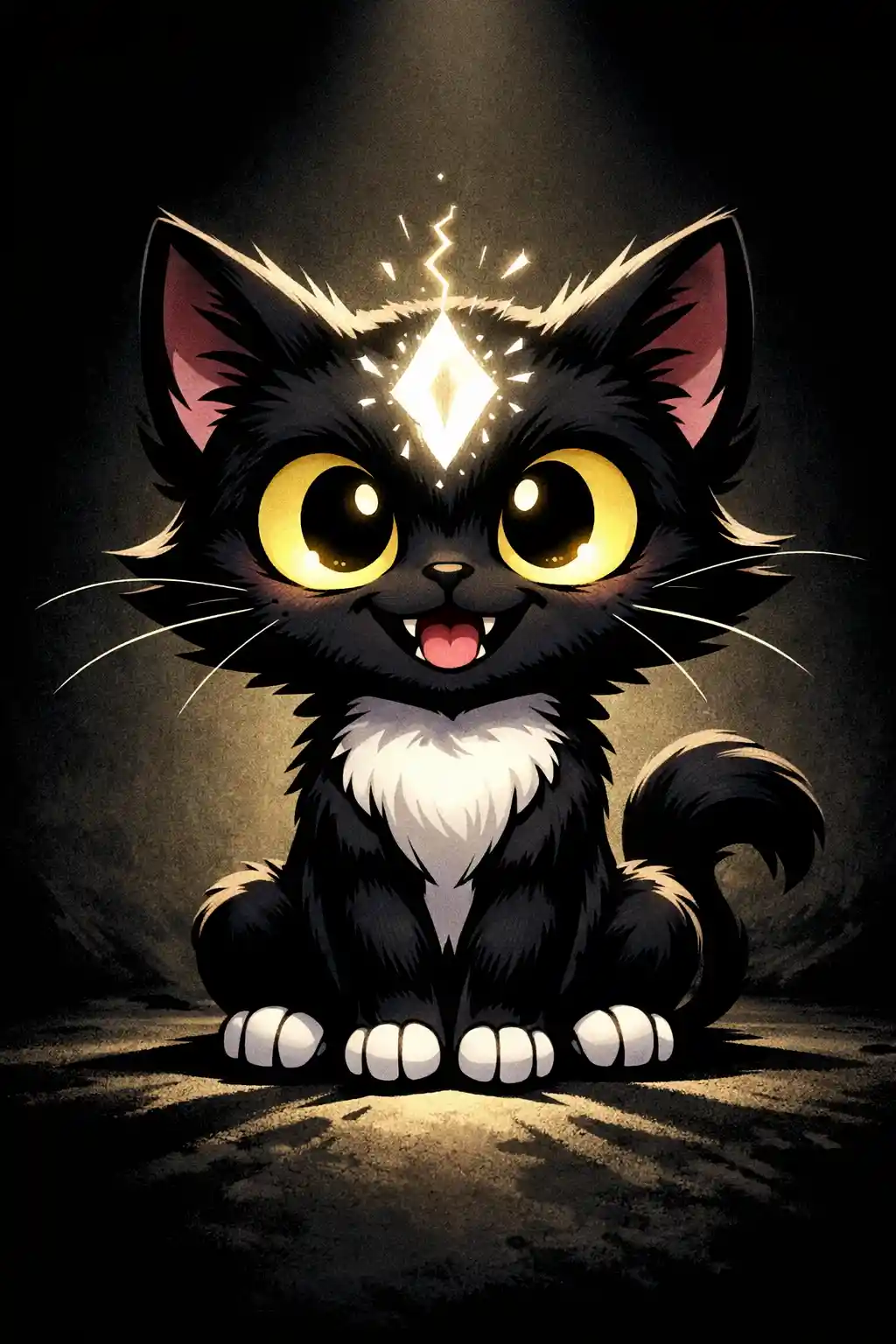 Cartoon-Schwarze Katze mit leuchtendem Diamantmal im dramatischen Licht