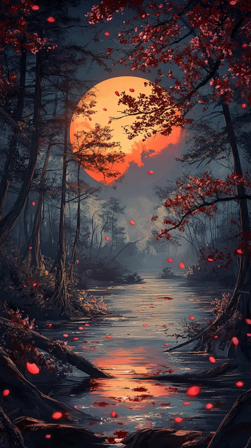 Dark fantasy forest within an ink brushed circular frame