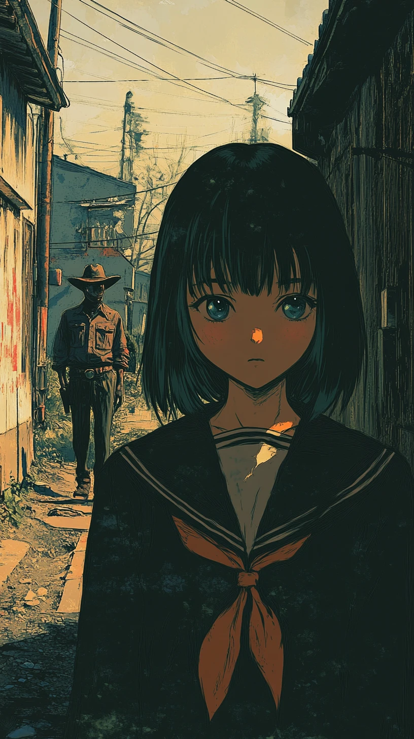Melancholic anime schoolgirl standing in a shadowy urban alley