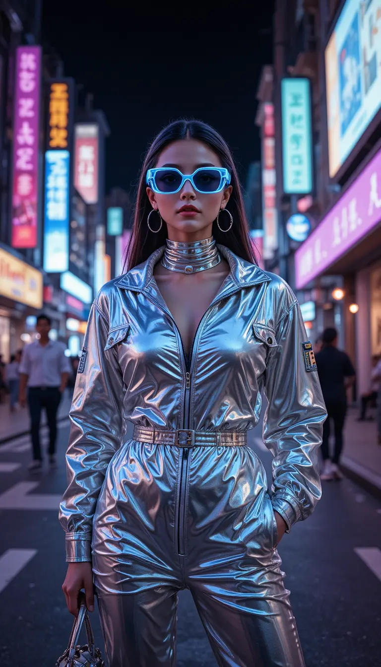 夜晚霓虹燈映照下的都會街頭Y2K時尚女子