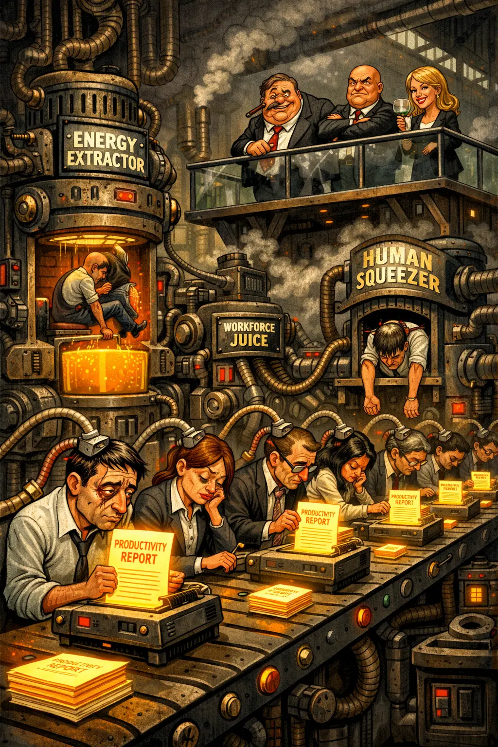 Exhausted Office Workers On A Factory Assembly Line