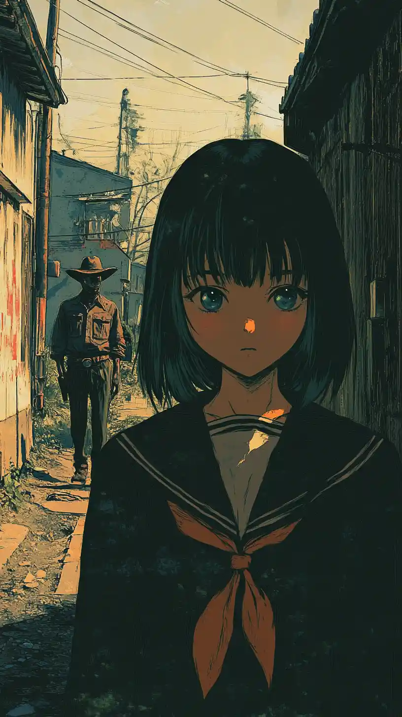 Melancholic anime schoolgirl standing in a shadowy urban alley