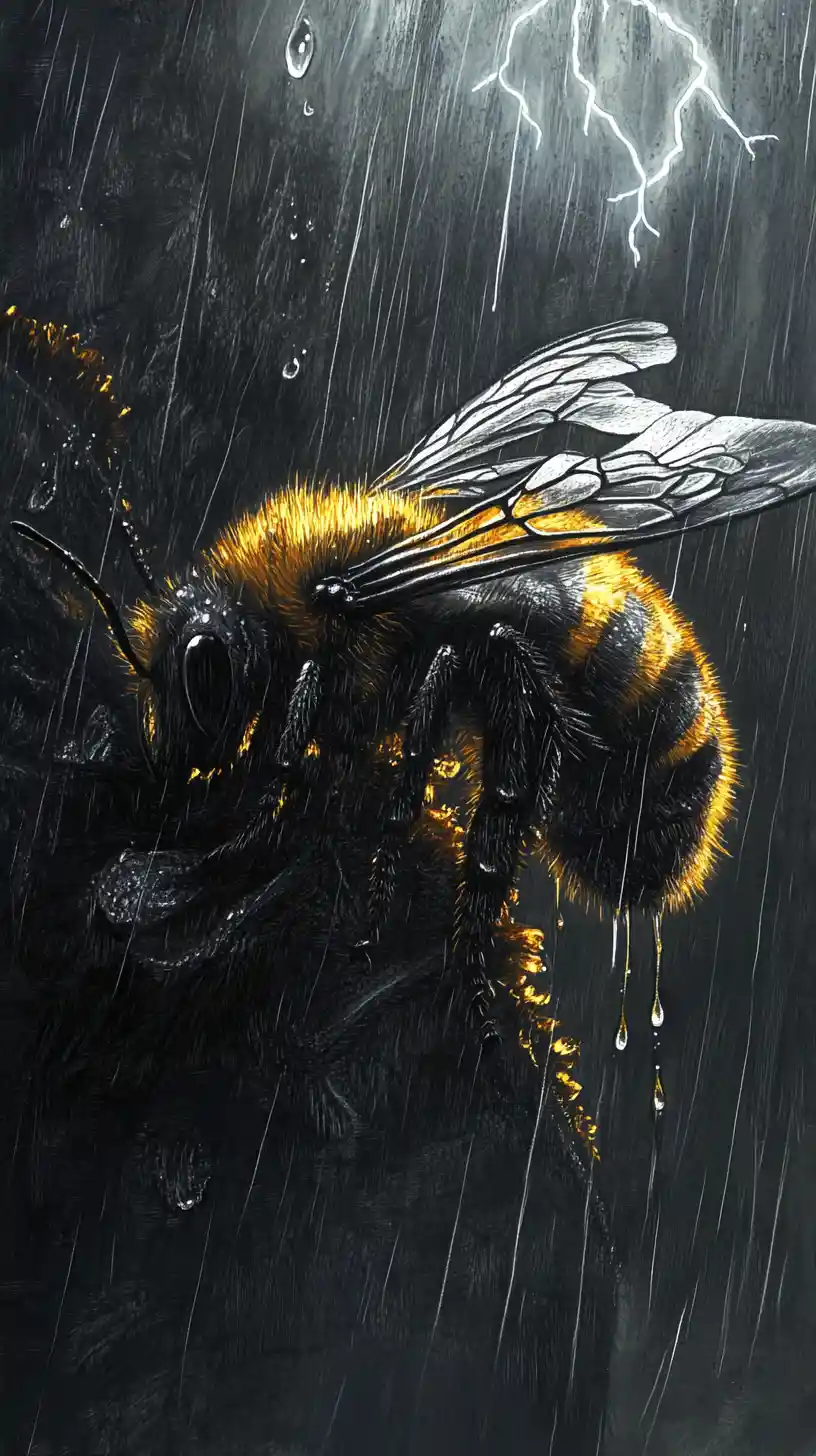 Surreal macro bee glowing on a rain soaked sunflower petal
