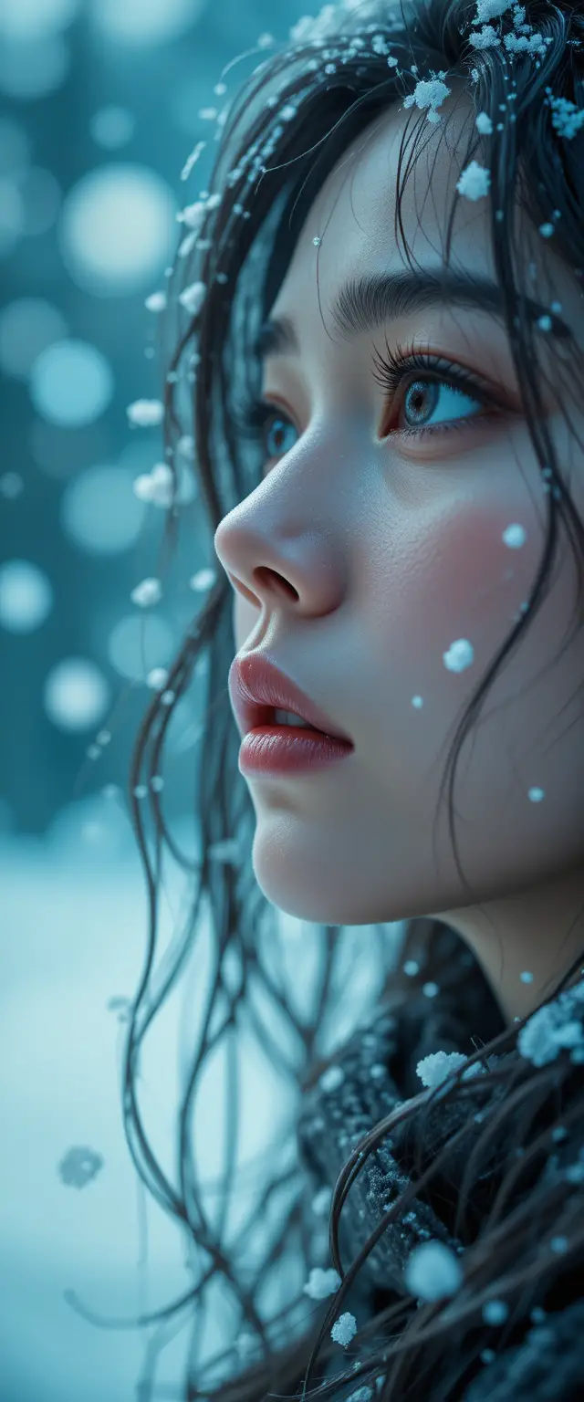 Dreamy close up portrait of a girl in falling snow