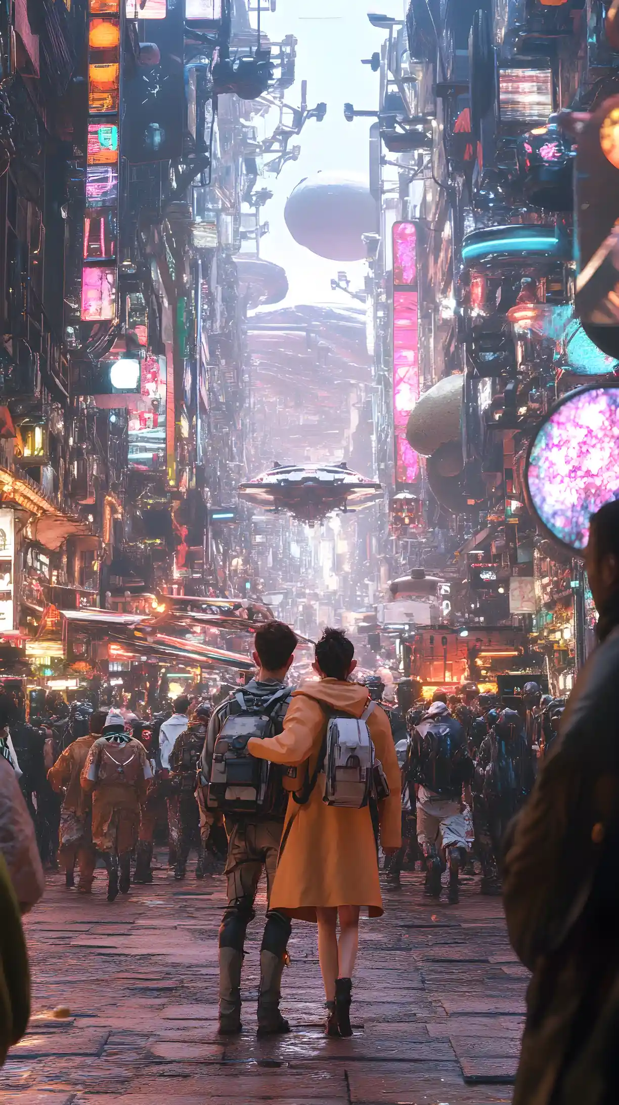 Crowded Alien Market With Embracing Humanoid Creatures