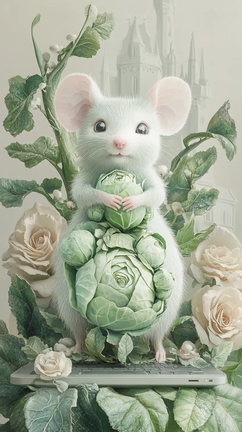 Cheerful Mouse In Green Dress On Silver Laptop