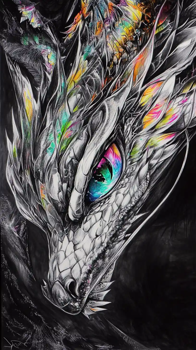 Surreal charcoal dragon portrait with glowing iridescent scales