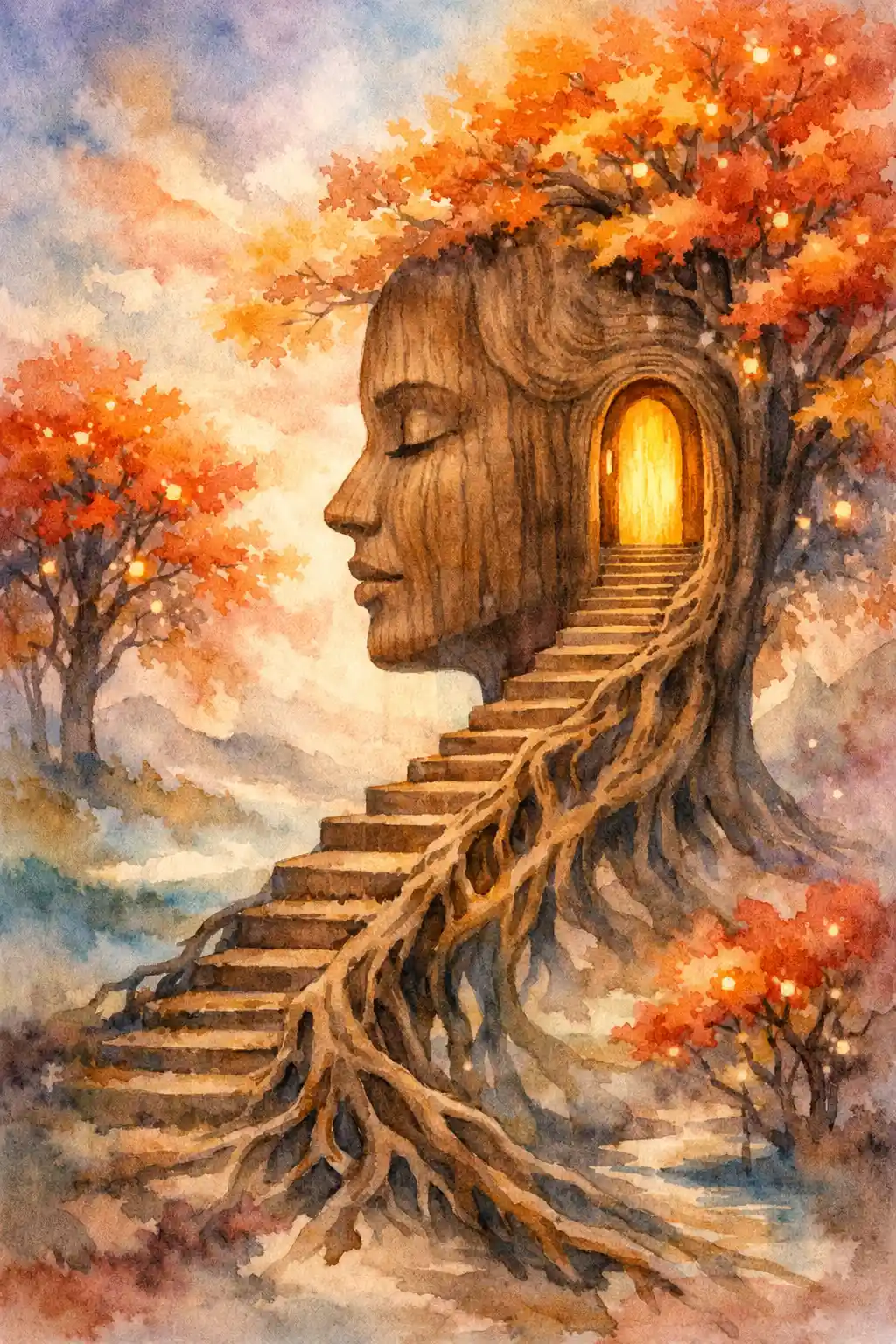 Surreal tree staircase leading into a wooden woman head