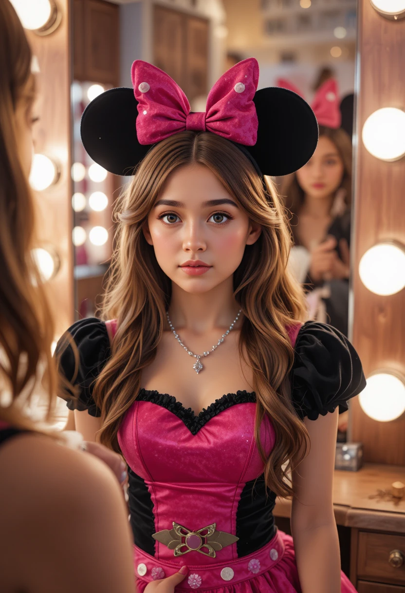 Niño con vestido de Minnie maquillándose en una boutique