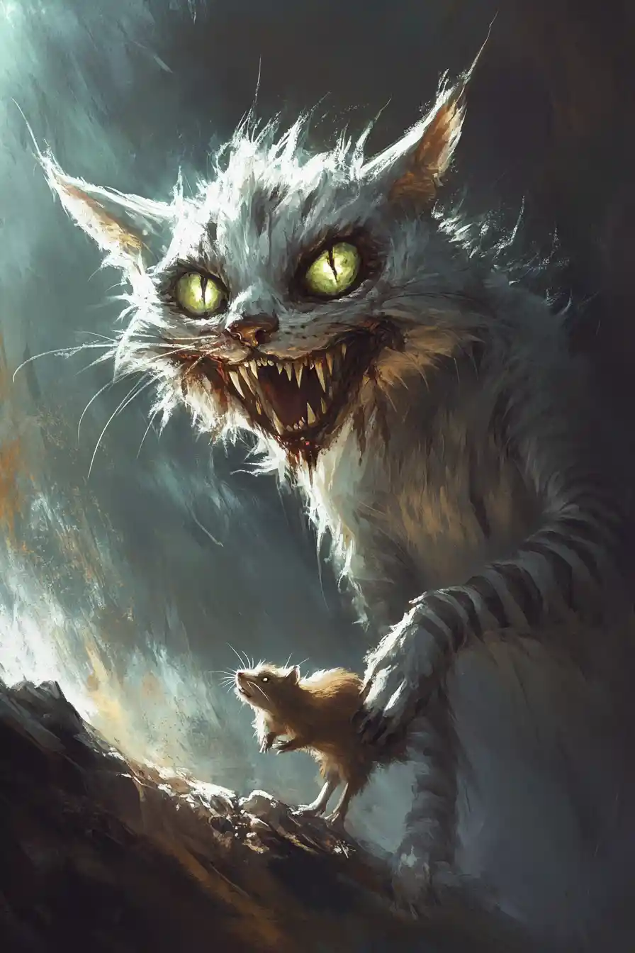Sinister fantasy cat with glowing green eyes in darkness