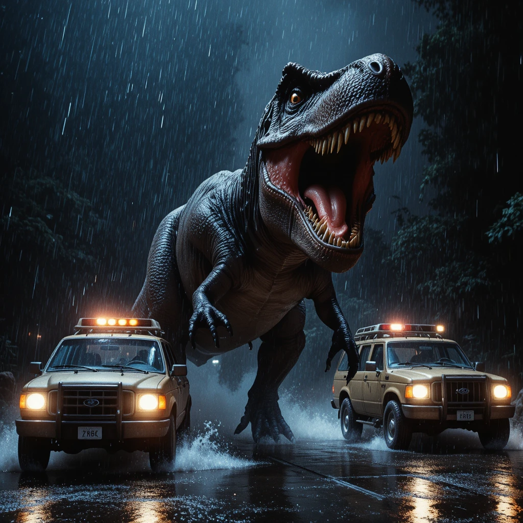 Tyrannosaurus rex attacking cars in a dark rainy paddock