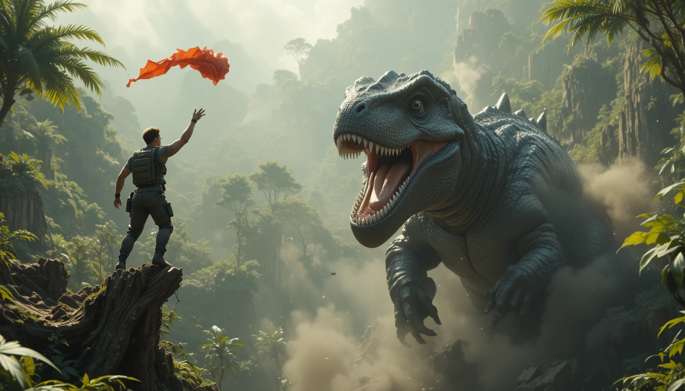 Filmreife Dschungelschlacht mit Giganotosaurus und bewaffneten Kämpfern