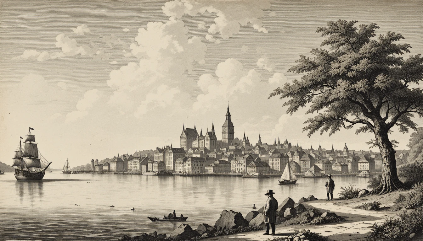 Eighteenth century engraving of busy Boston harbor shoreline