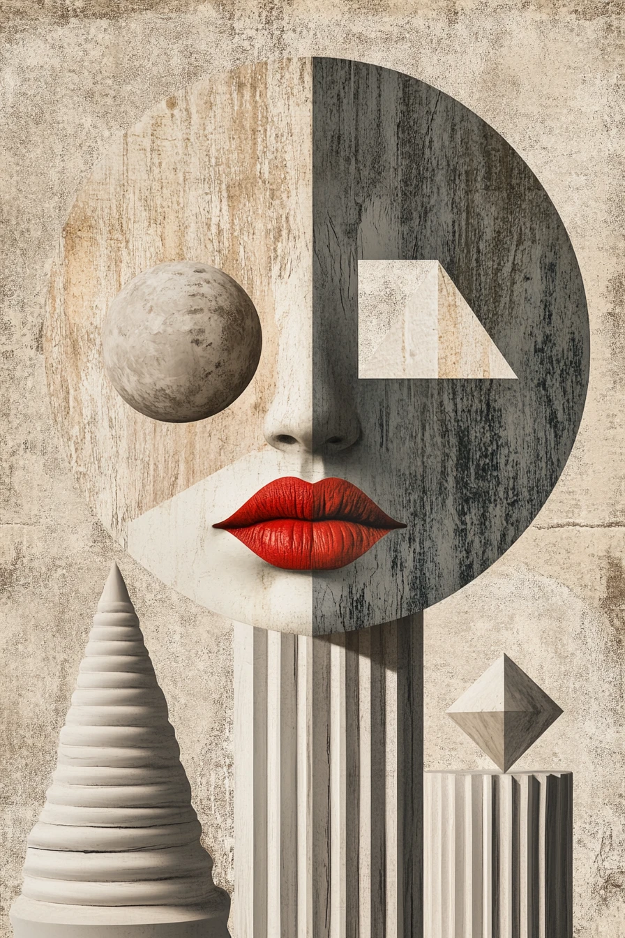 Abstract digital head with red lips and geometric forms
