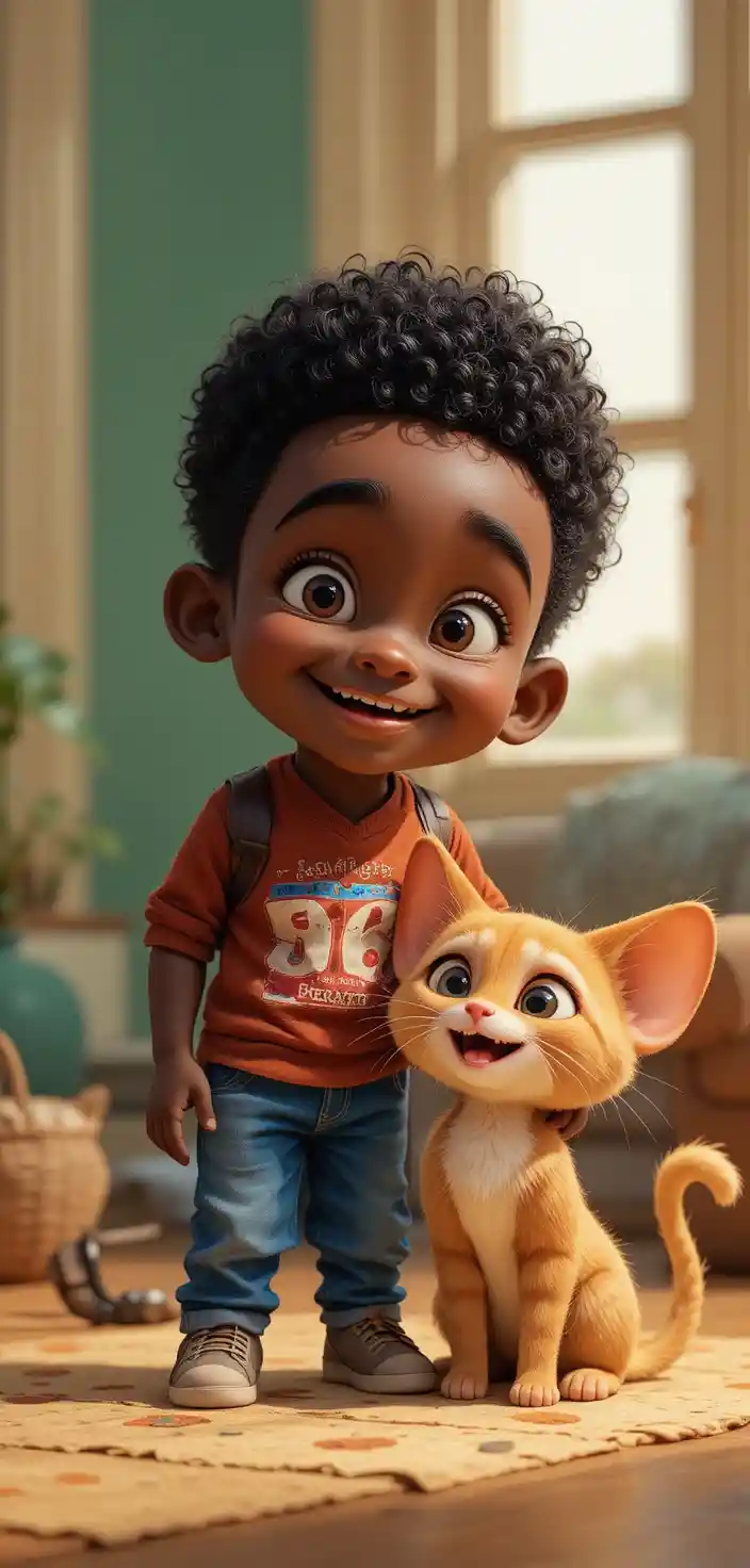 Playful African child with kitten in bright cartoon style