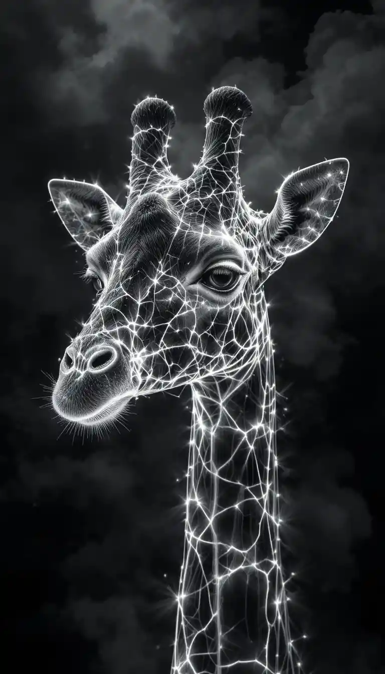 Surreal glowing giraffe portrait in black and white