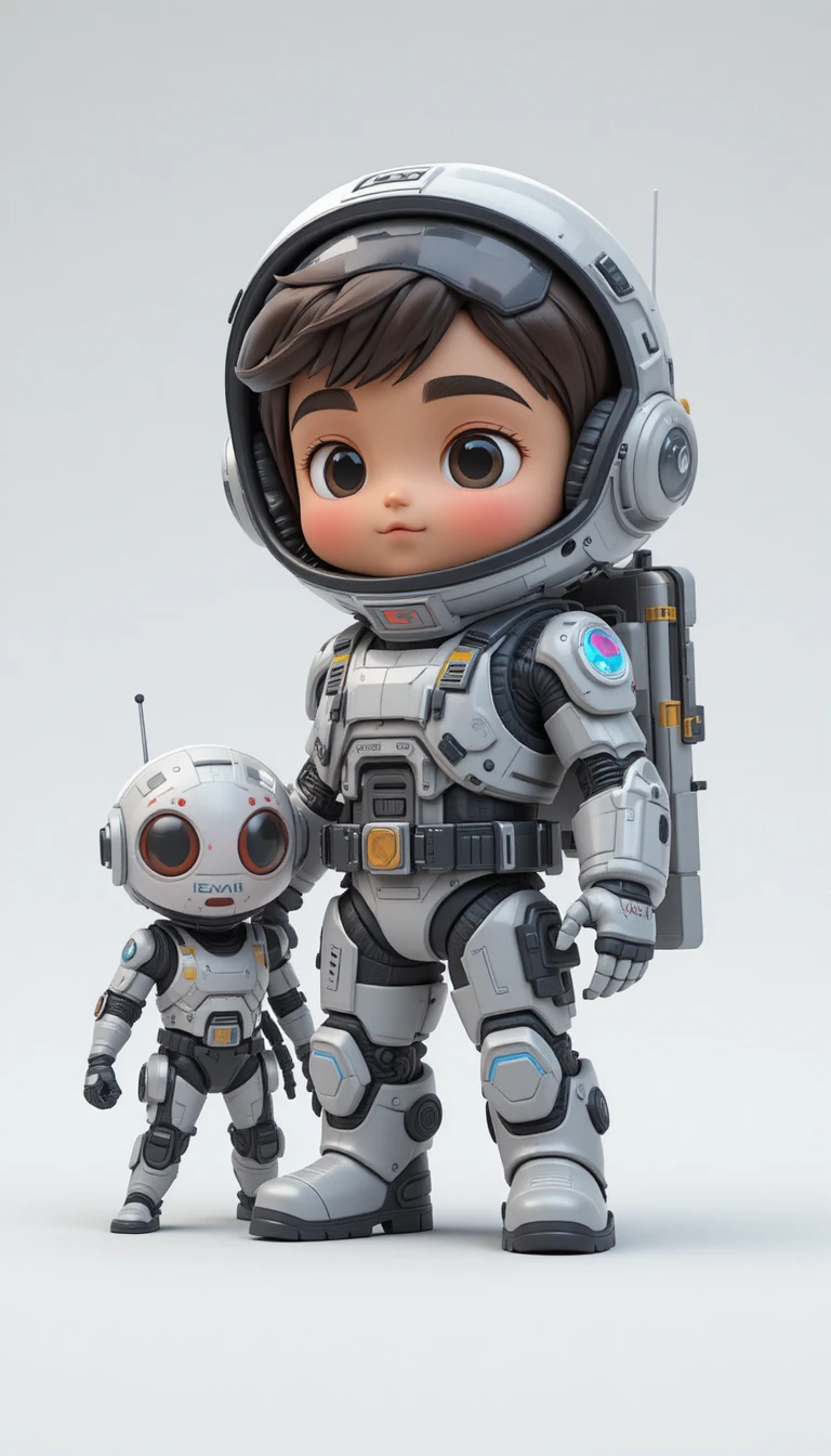 Weltraumkrieger-Junge und süßer Roboterbär im Alien-Chaos