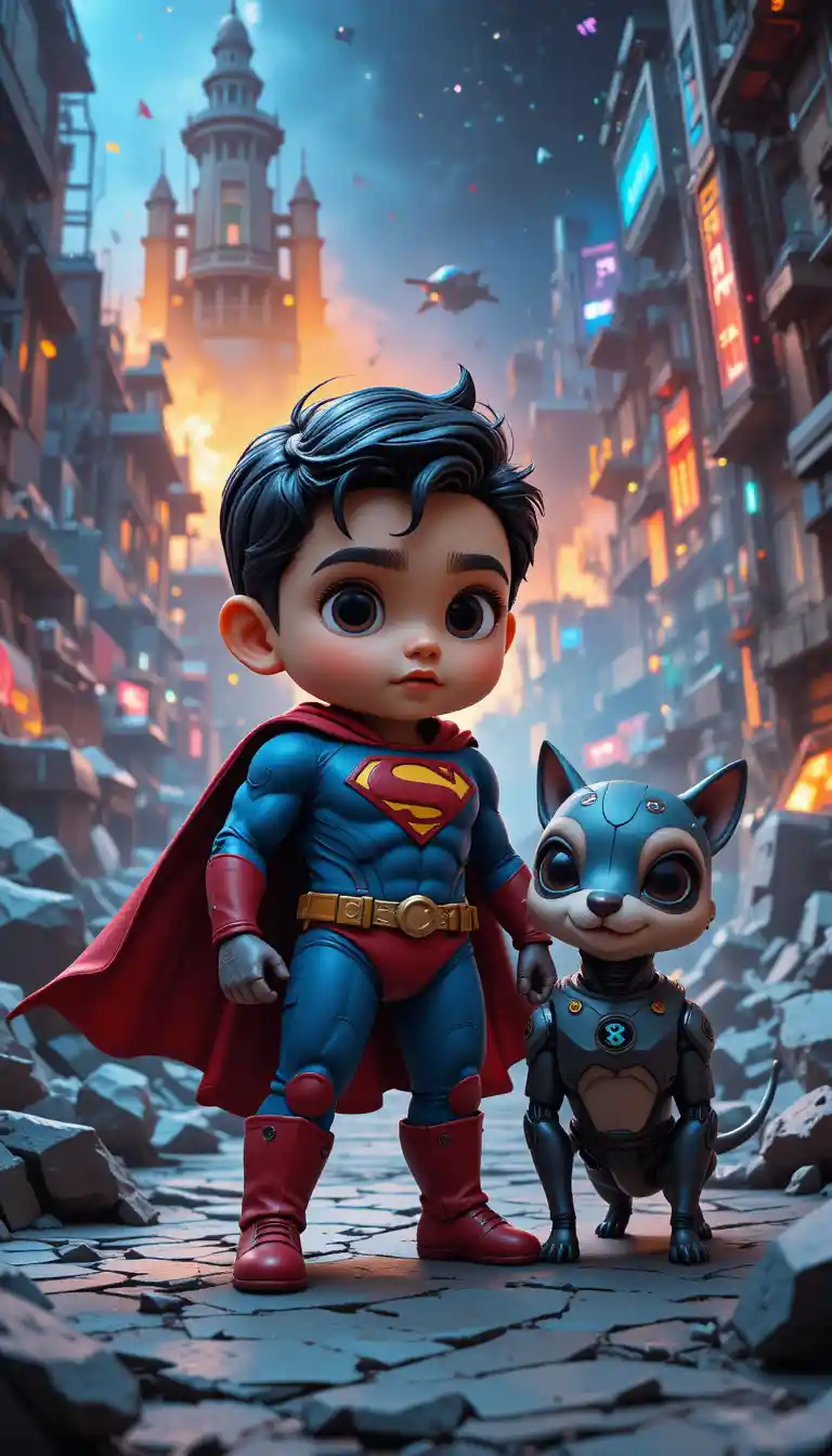 Pequeño niño superhéroe espacial con perro robótico compañero