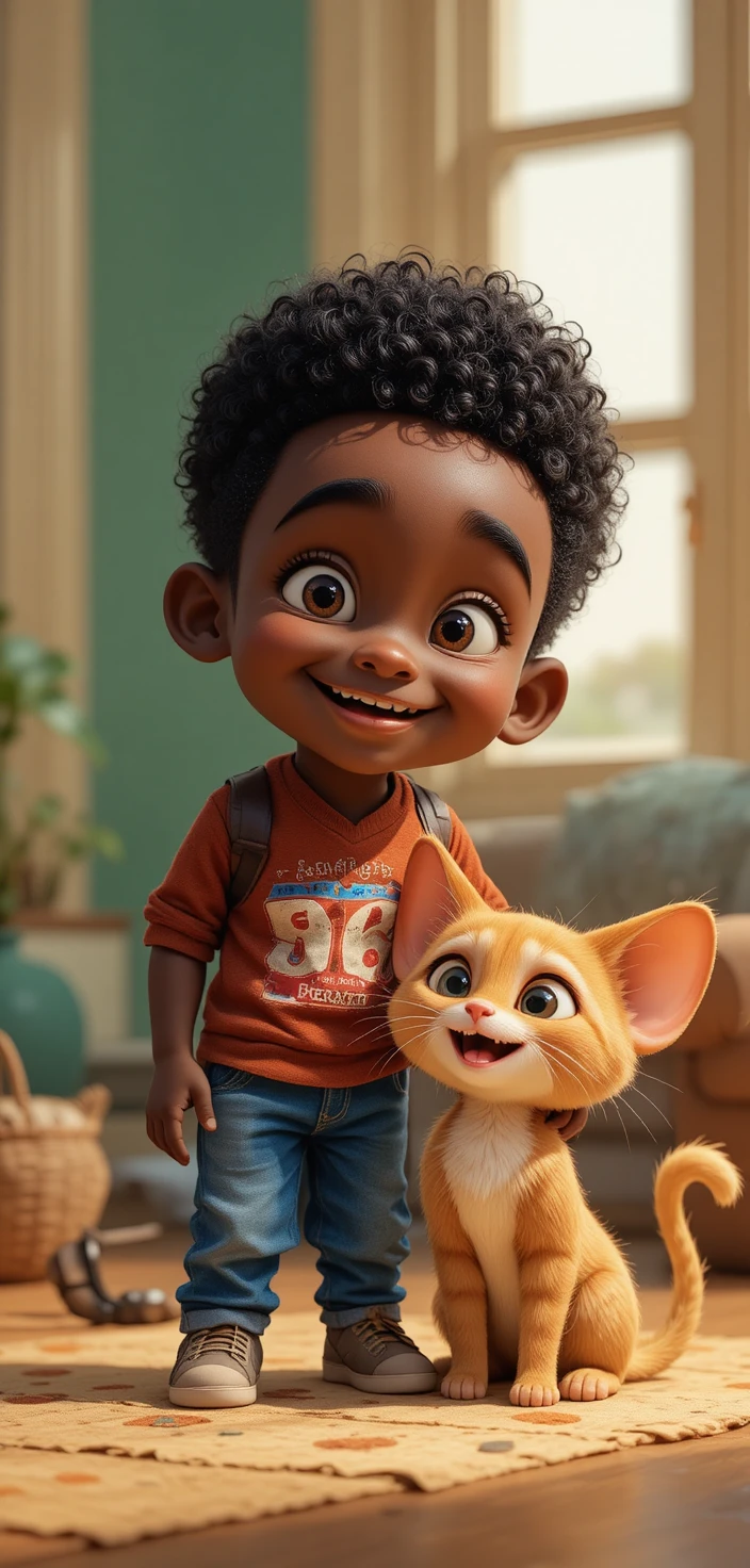 Niño africano juguetón con gatito en un estilo de dibujo animado brillante