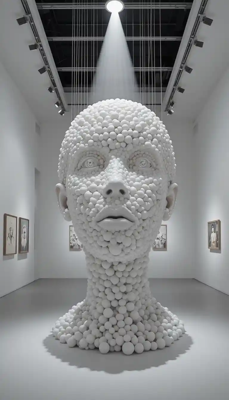 Hanging white head sculpture lit by a dramatic spotlight