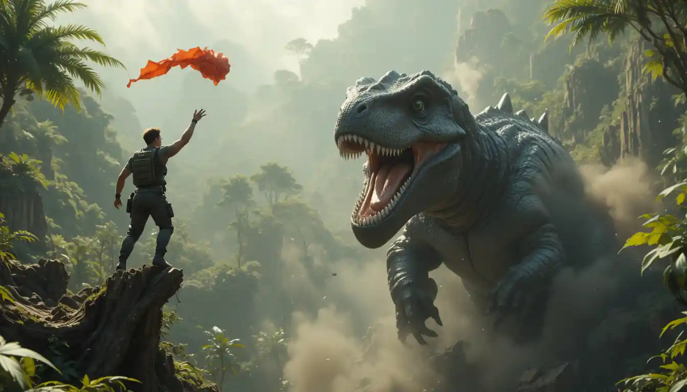 Combat cinématographique dans la jungle avec giganotosaure et combattants armés