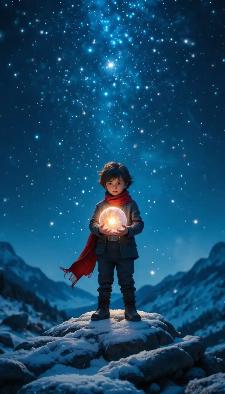 魔法の雪夜空の下で光るオーブを持つ少年
