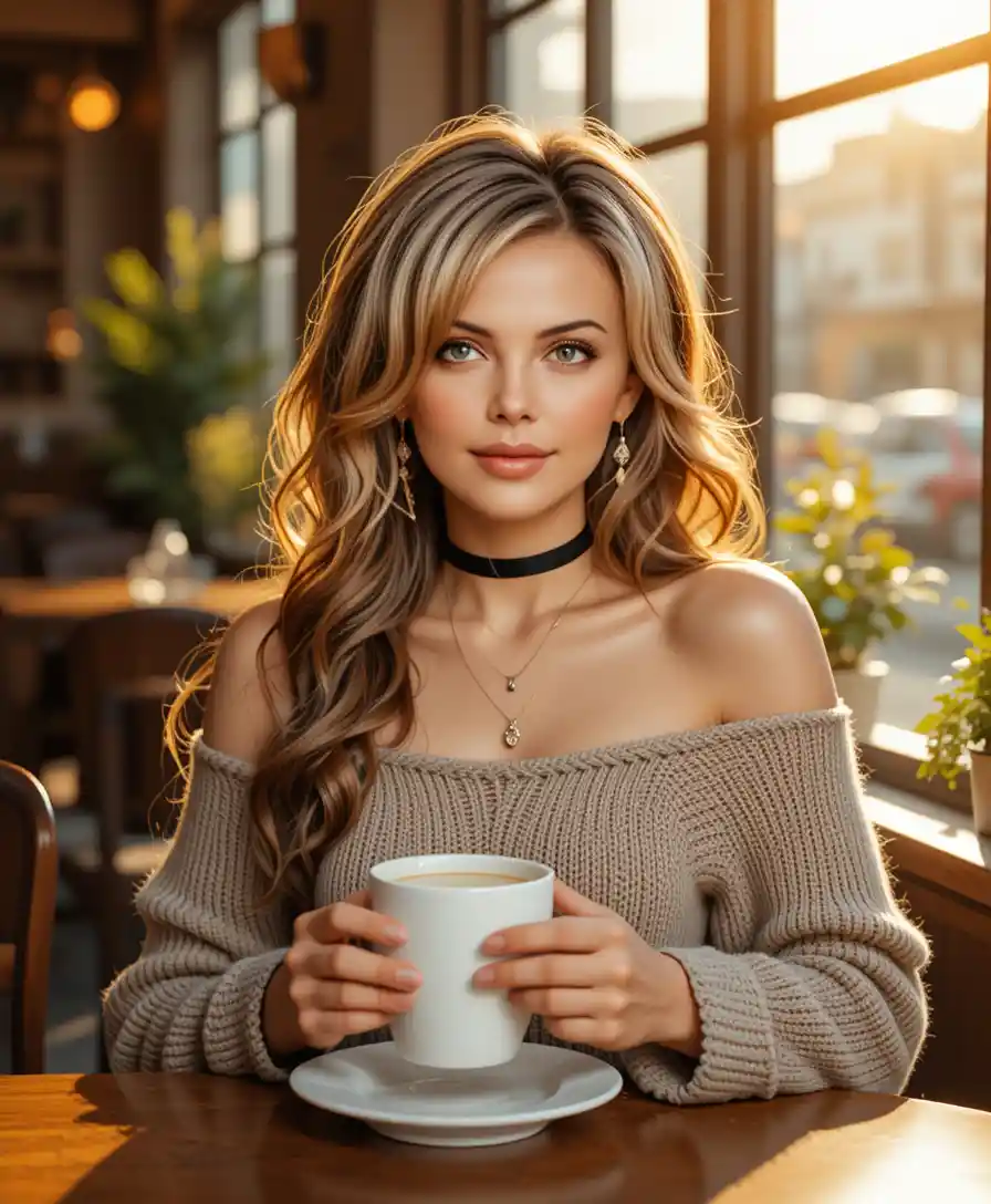 Giovane donna con un caffè in un accogliente bar illuminato dal sole