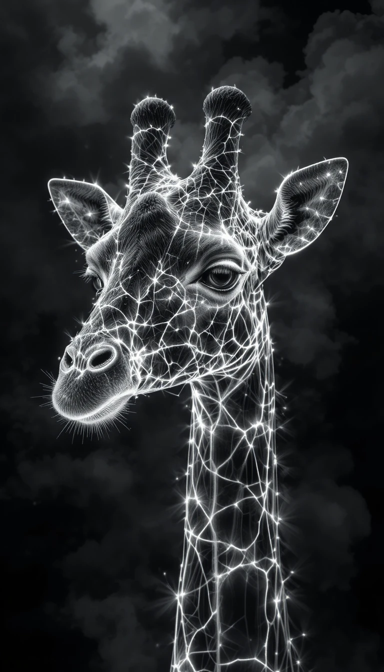 Surreal glowing giraffe portrait in black and white