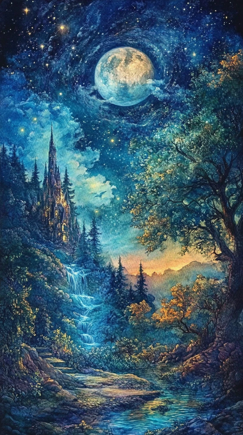 Watercolor fairy tale scene of Snow White at night