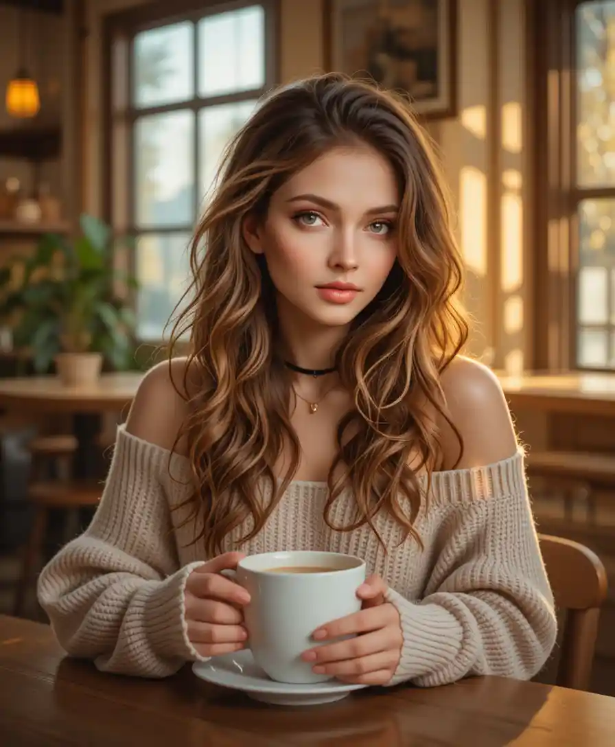 Jeune femme avec un café dans un café baigné de soleil