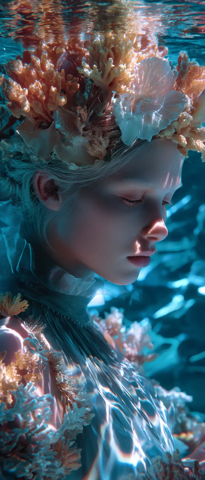 Surreal underwater portrait of a serene sea goddess