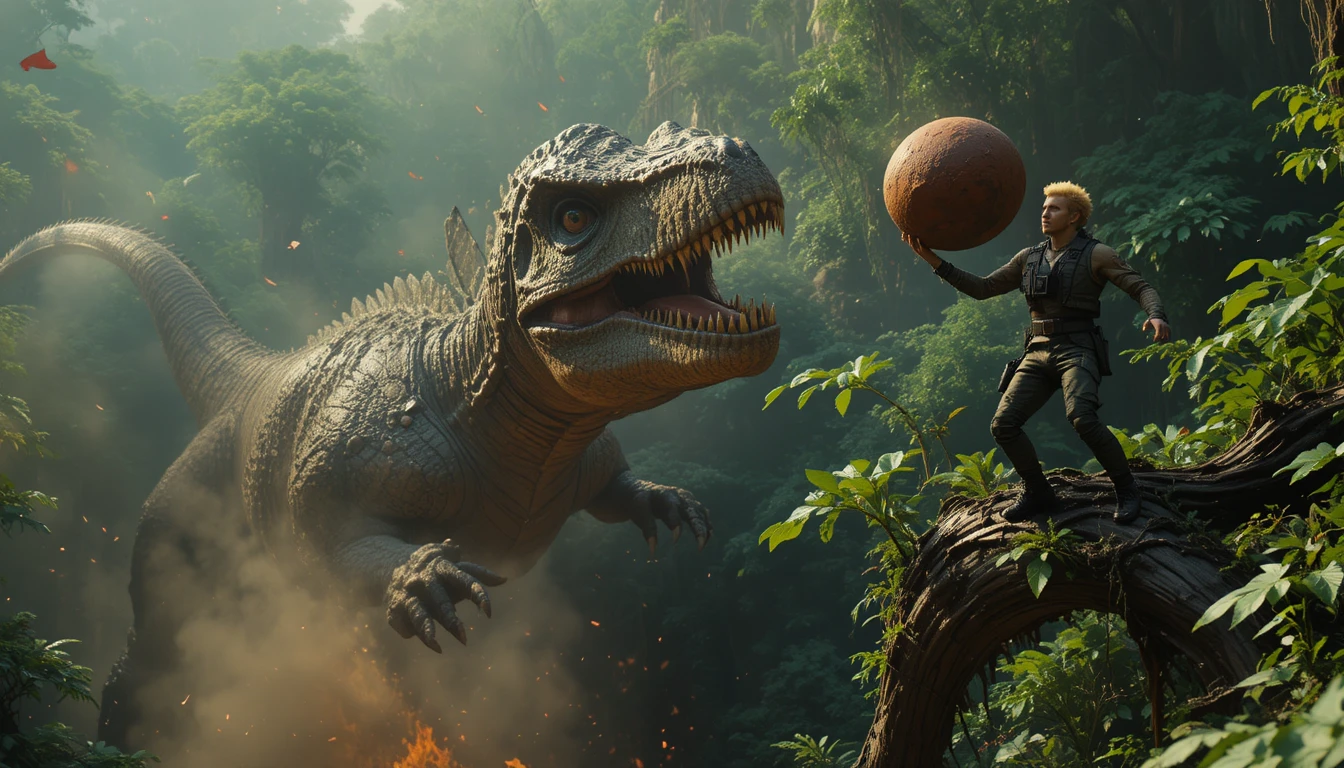 Aerial battle with dinosaur in dense jungle canopy