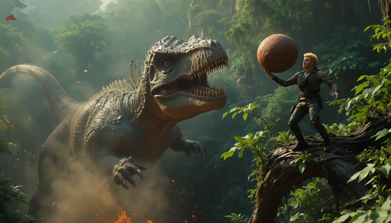 Aerial battle with dinosaur in dense jungle canopy