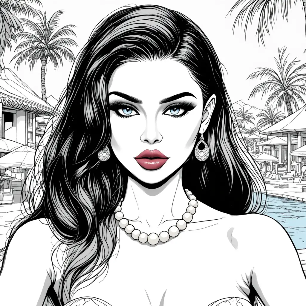 Elegant woman selfie with pearls at sunny resort