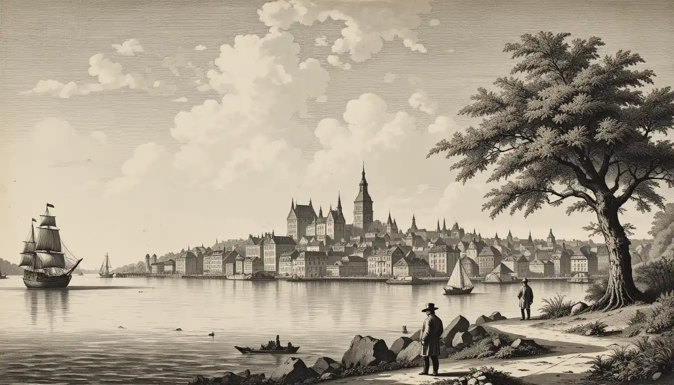 Eighteenth century engraving of busy Boston harbor shoreline