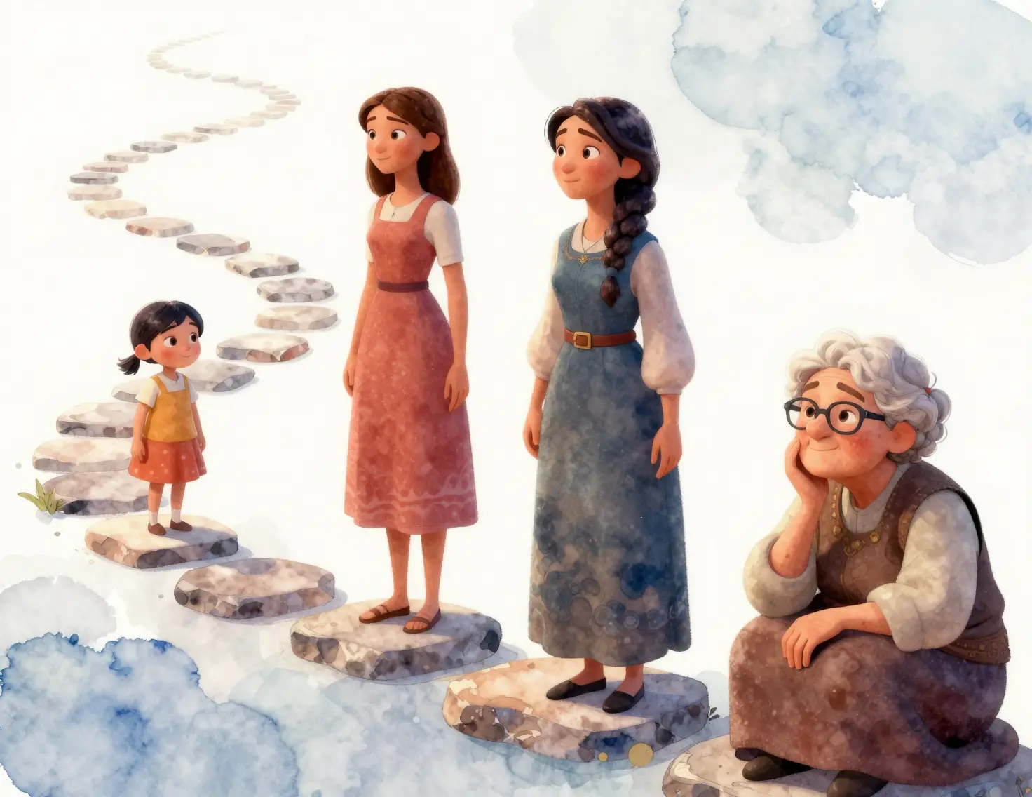 Watercolor portrait of a woman on a winding life path