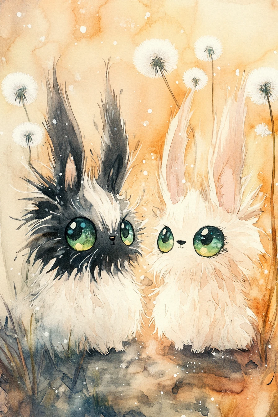 Créatures aquarelle féeriques parmi des fleurs de pissenlit lumineuses