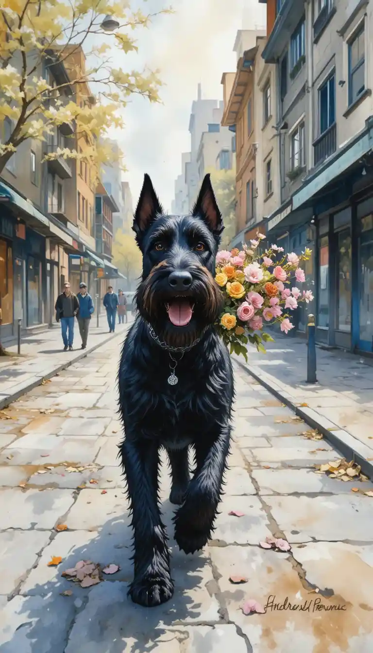 Schwarzer Schnauzer mit Blumenstrauß auf einer Frühlingsstraße in der Stadt