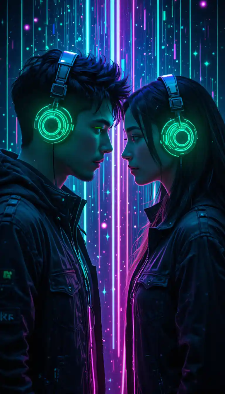 Cyberpunk couple linked by glowing neon headphones