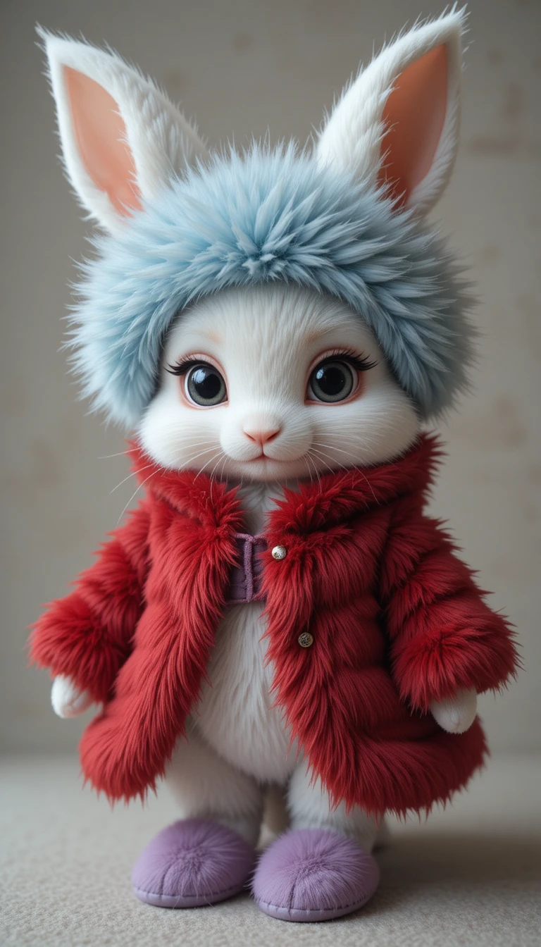 Adorable conejo chibi blanco con colorido y esponjoso atuendo de piel de zorro